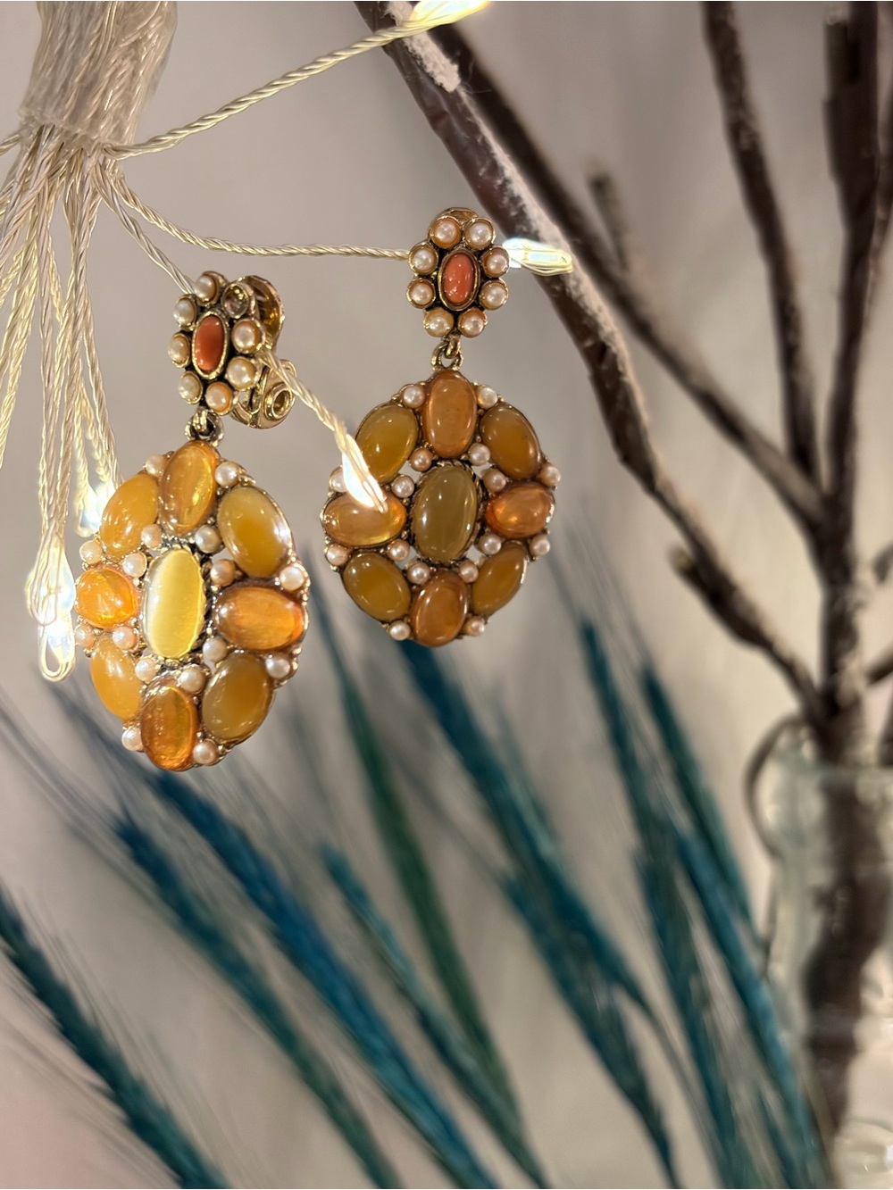 Vintage Signed MONET Amber Orange Glass Statement Drop Earrings 🍁✨